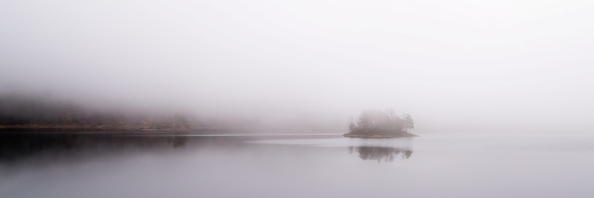 an island near a foggy lake shore