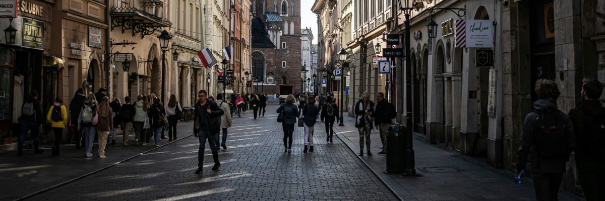 people walking about downtown